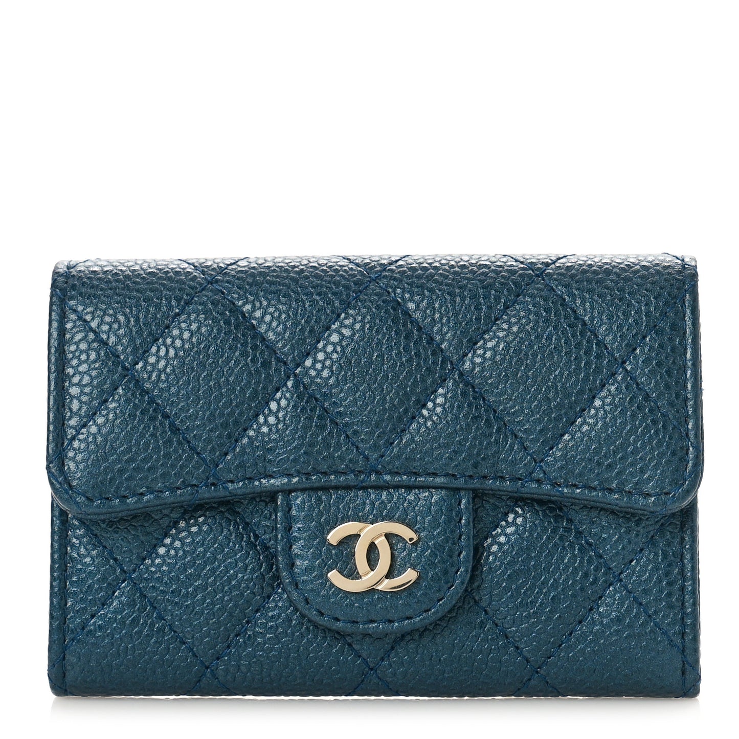 Metallic Caviar Quilted Flap Card Holder Wallet Dark Blue