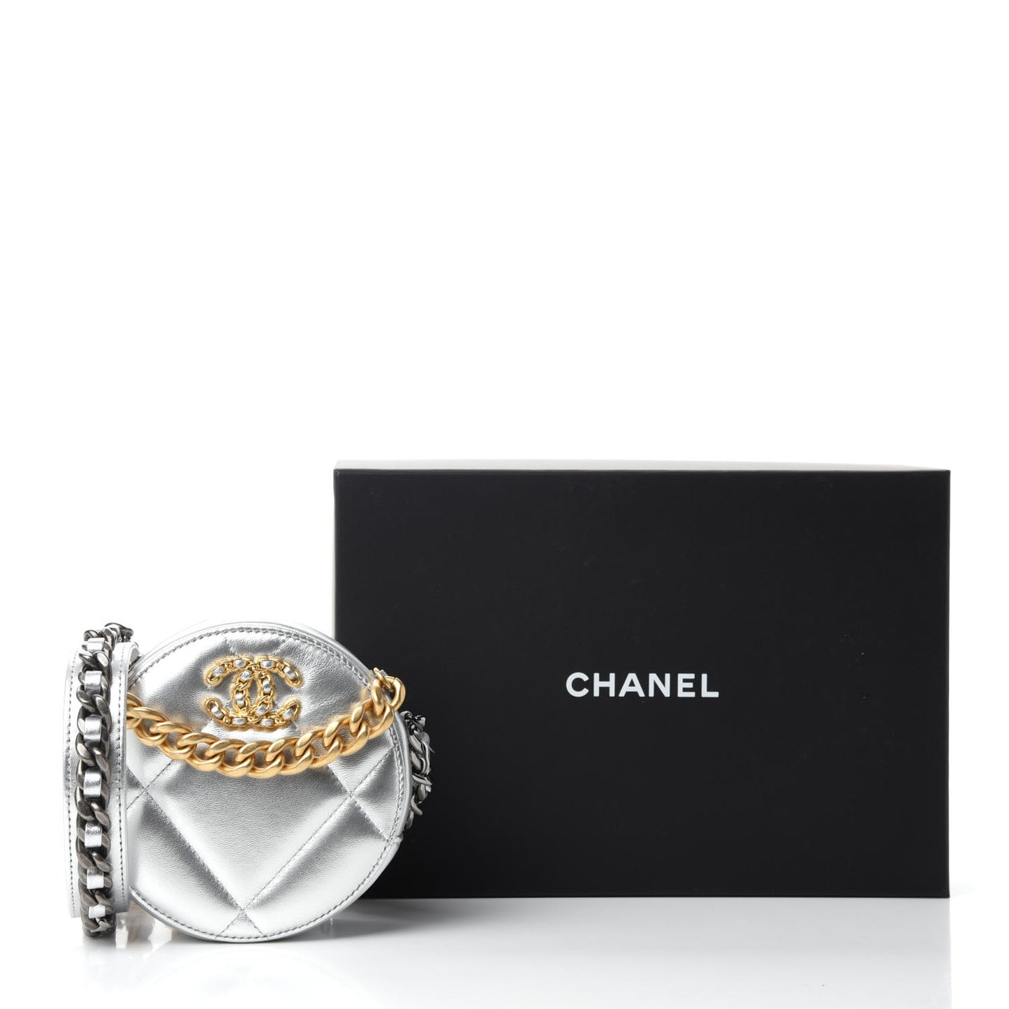 Metallic Lambskin Quilted Chanel 19 Round Clutch With Chain Silver