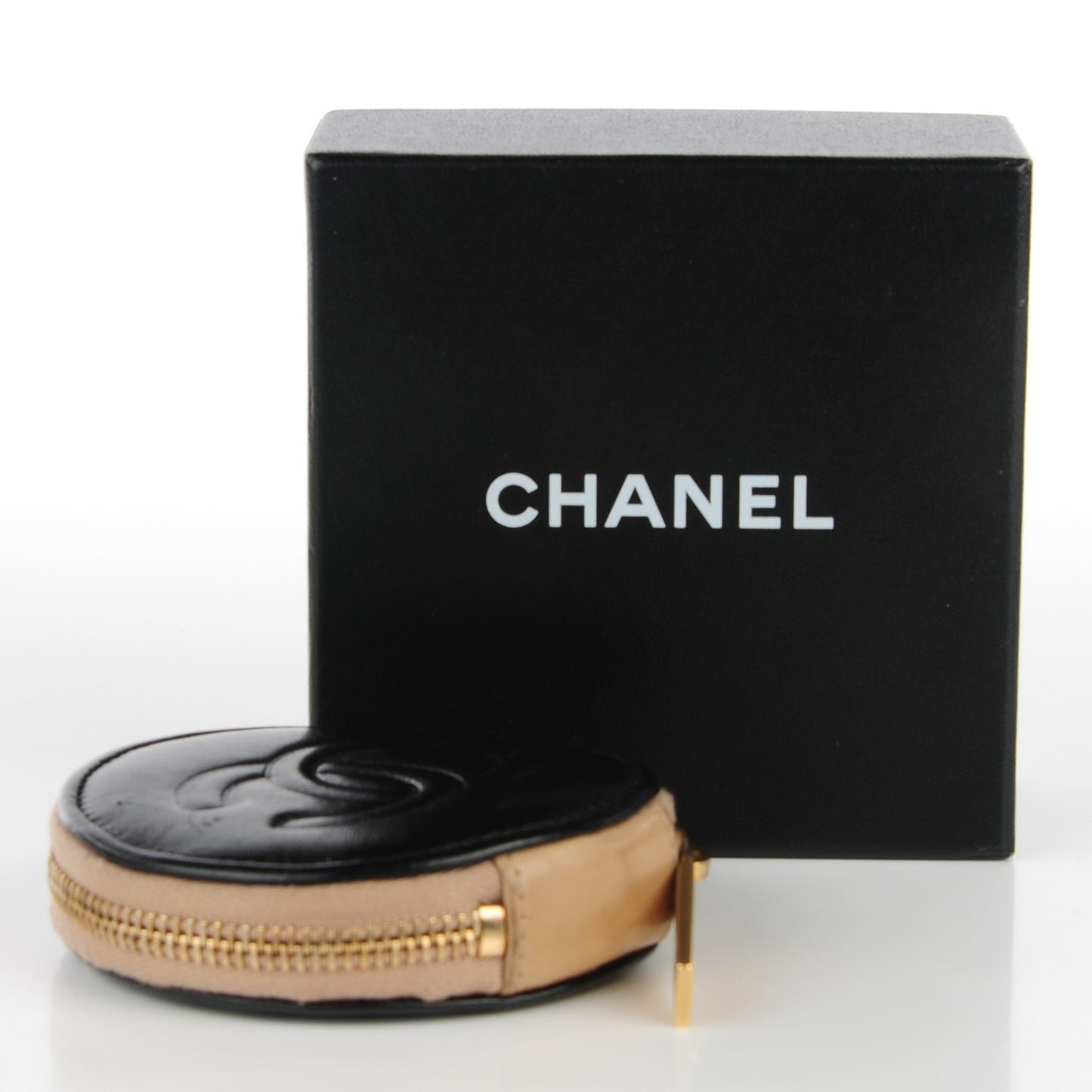 Lambskin Round Camellia CC Coin Purse Black Beige