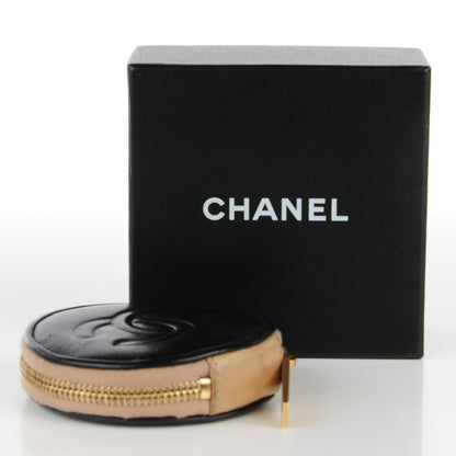 Chanel Lambskin Round Camellia CC Coin Purse Black Beige 4 of 6