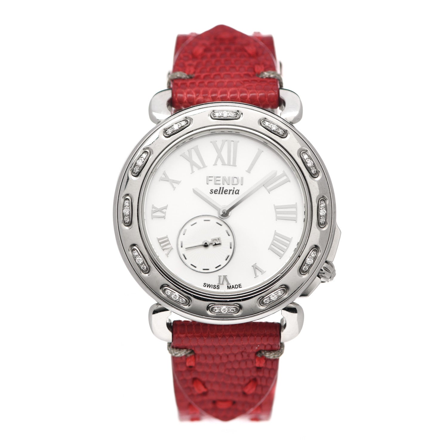 Fendi Stainless Steel Calfskin Diamond Mother of Pearl 37mm Selleria Quartz Watch Red 1 of 5
