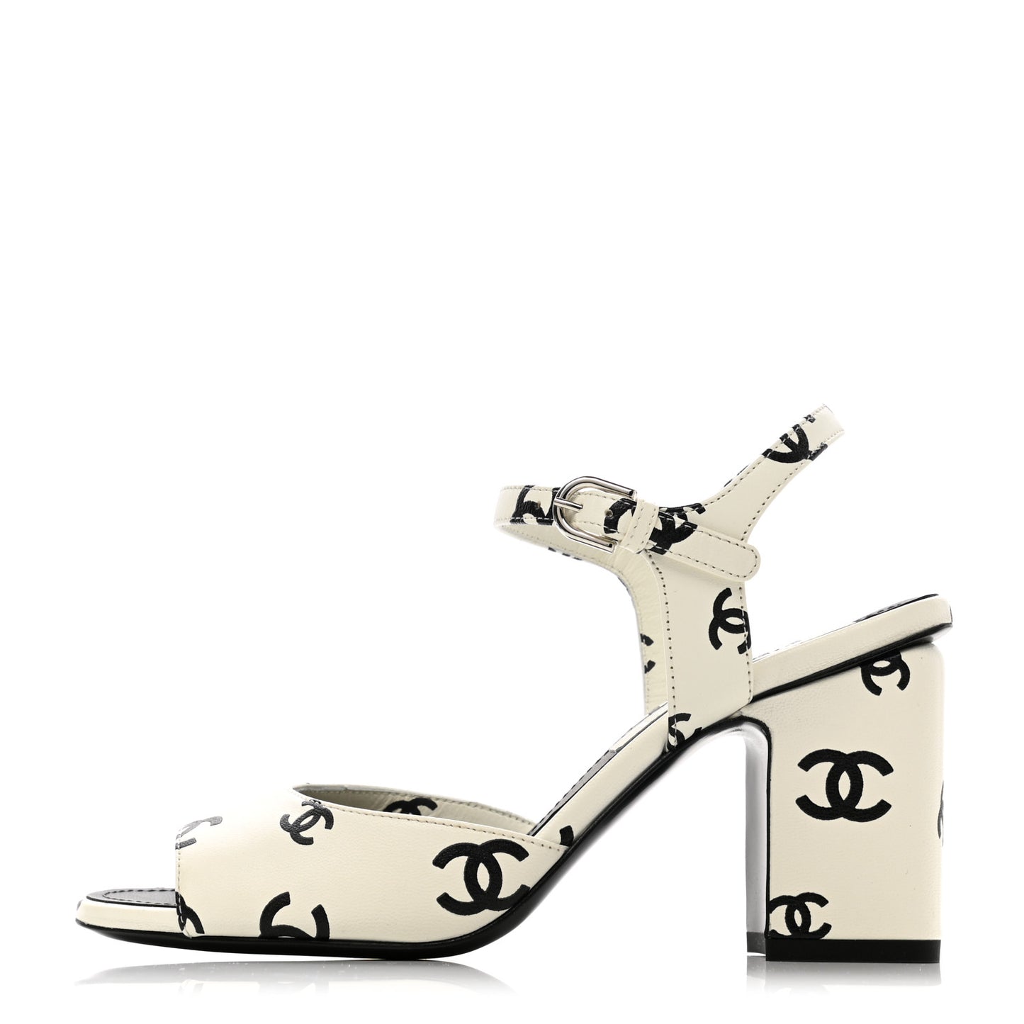 Printed Lambskin CC Sandals 36 White Black