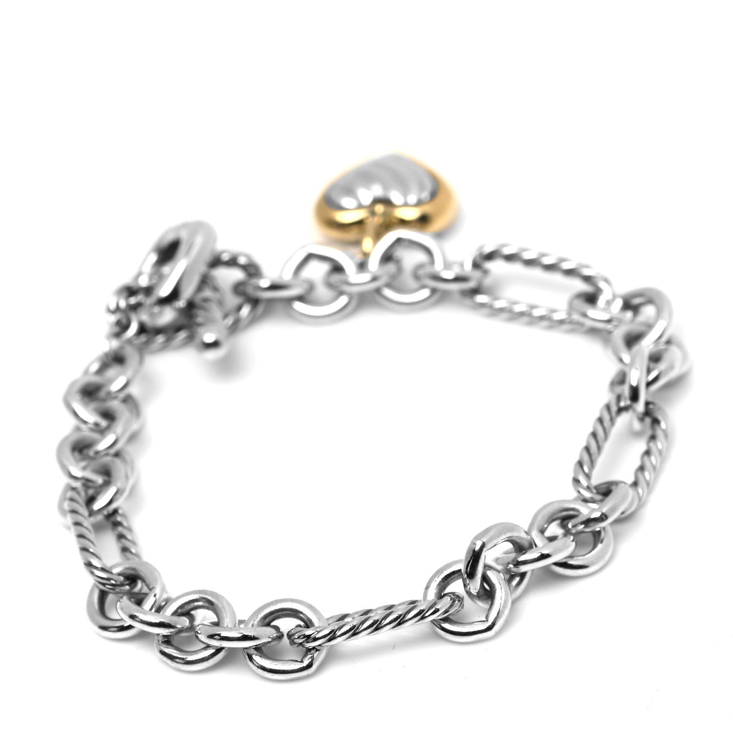 Sterling Silver 18K Yellow Gold Cable Heart Charm Bracelet