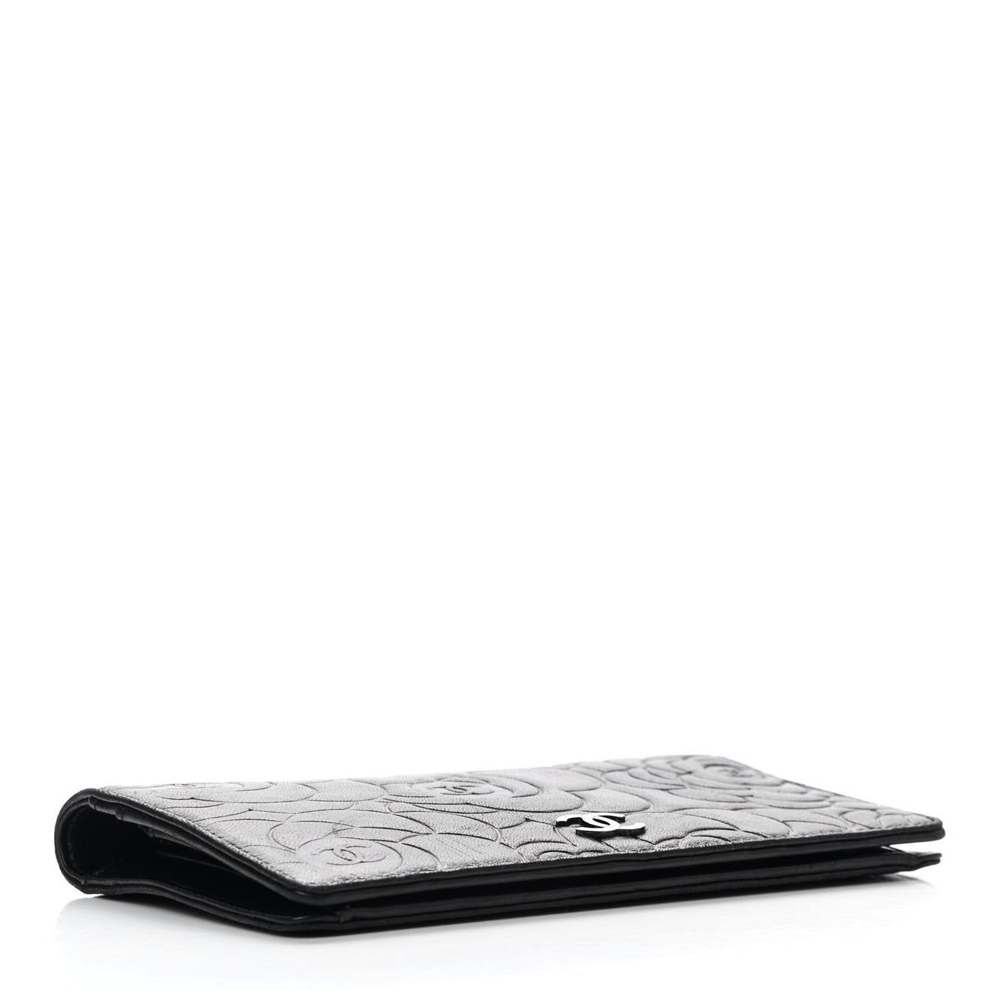 Lambskin Camellia Embossed Yen Wallet Black