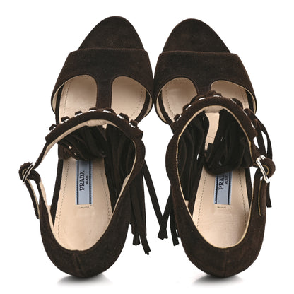 Prada Suede Fringe Peep Toe Sandal 36 Moro 2 of 9
