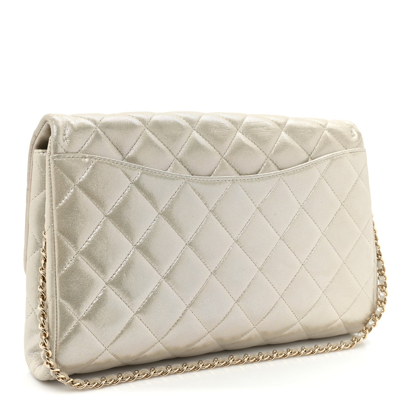 Iridescent Calfskin Quilted Clutch With Chain Flap Light Gold