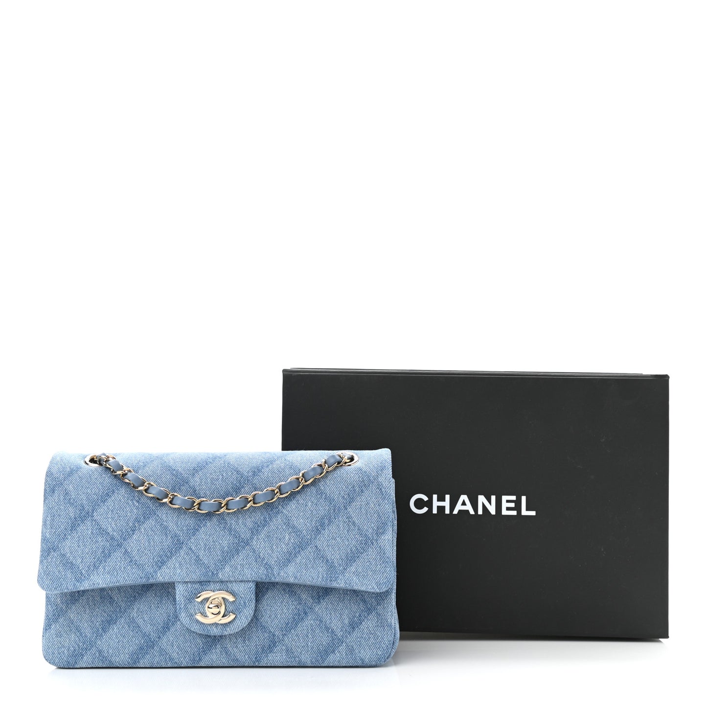 Printed Denim Quilted Medium Double Flap Light Blue
