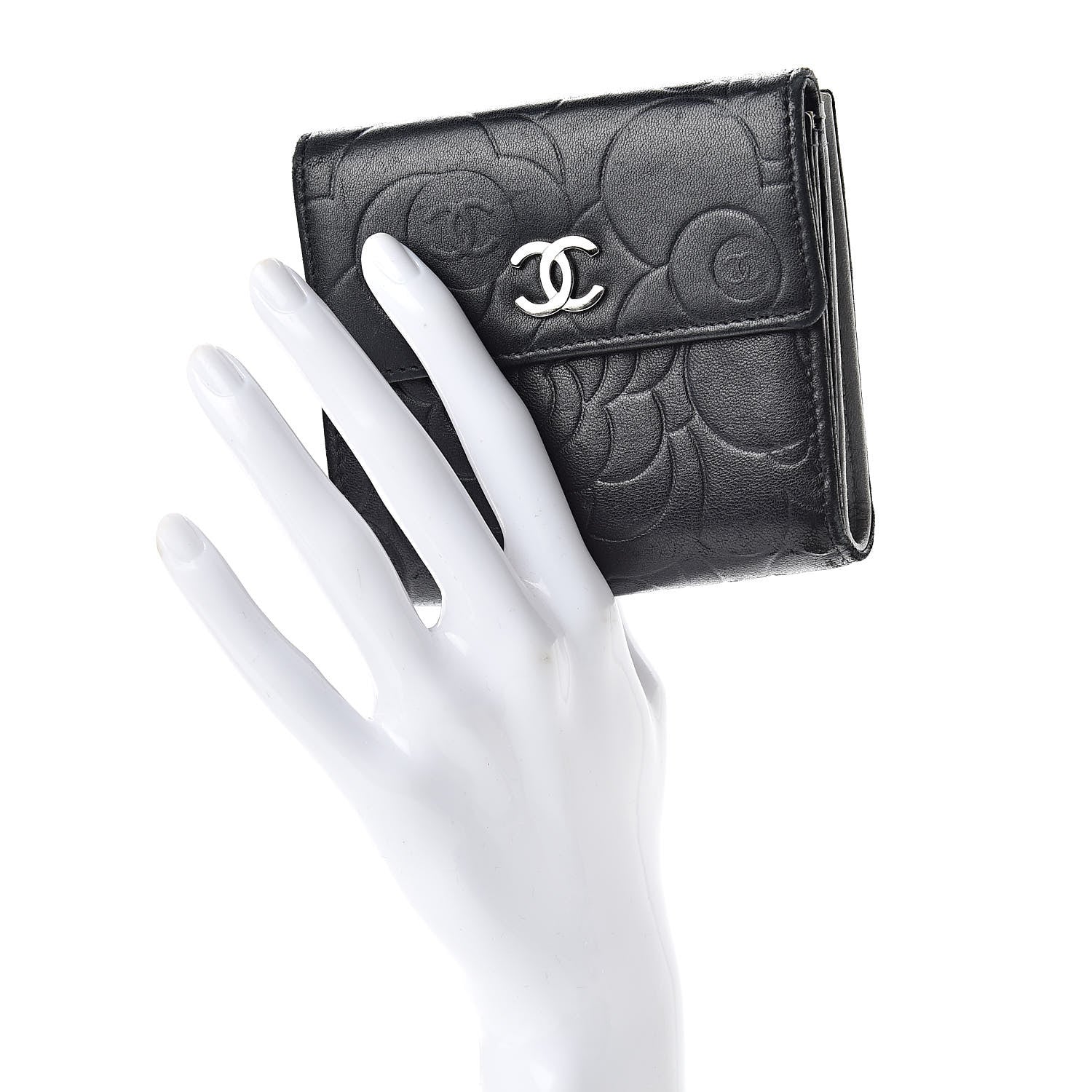 Chanel Lambskin Embossed Camellia French Wallet Black 2 of 11