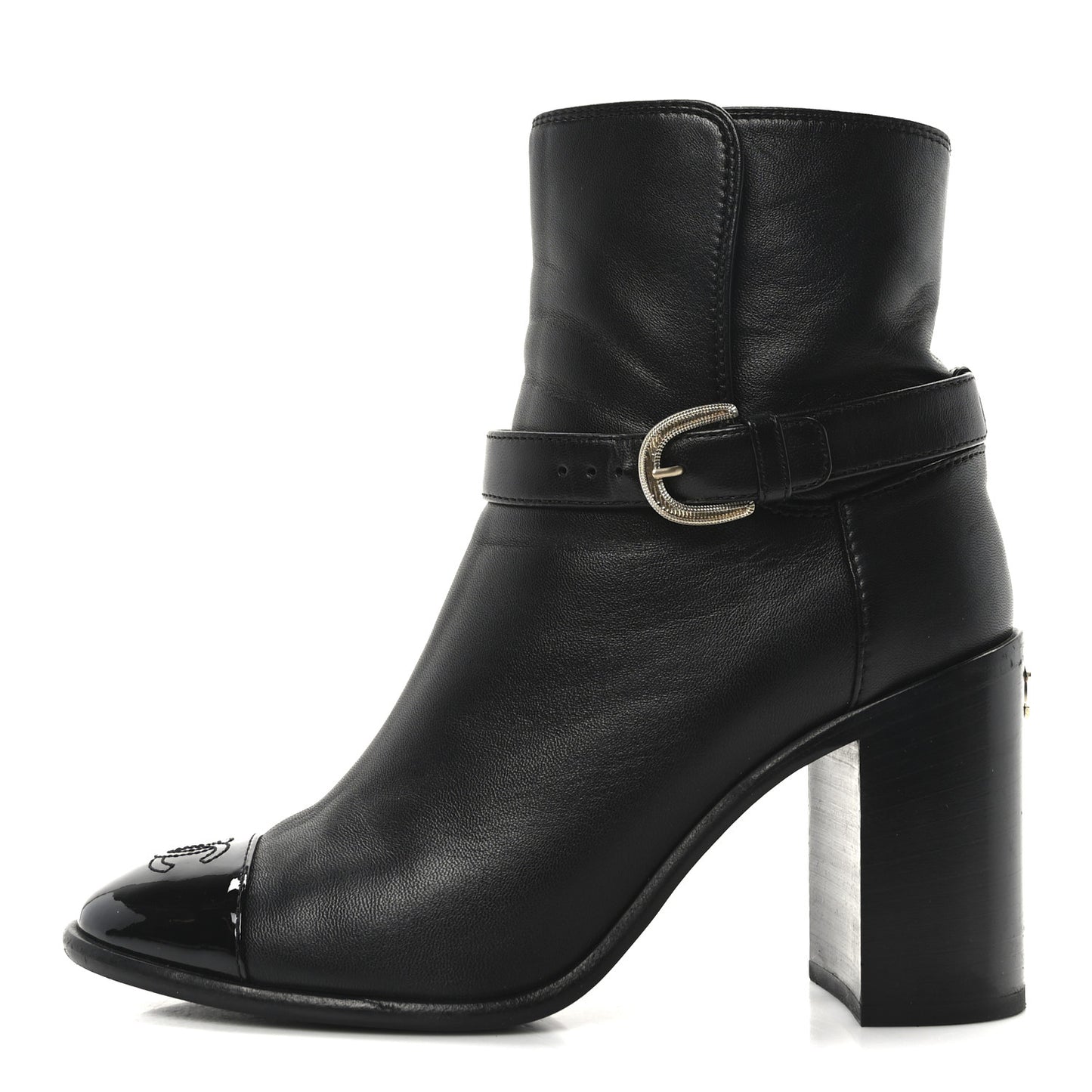 Calfskin Patent Cap Toe Interlocking CC Ankle Boots 39 Black