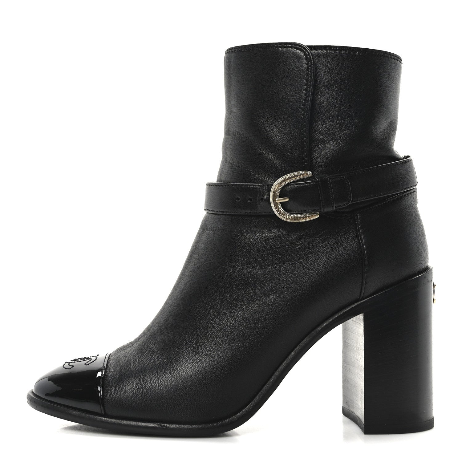 Chanel Calfskin Patent Cap Toe Interlocking CC Ankle Boots 39 Black 1 of 10