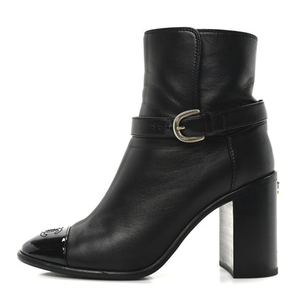 Chanel Calfskin Patent Cap Toe Interlocking CC Ankle Boots 39 Black 1 of 10