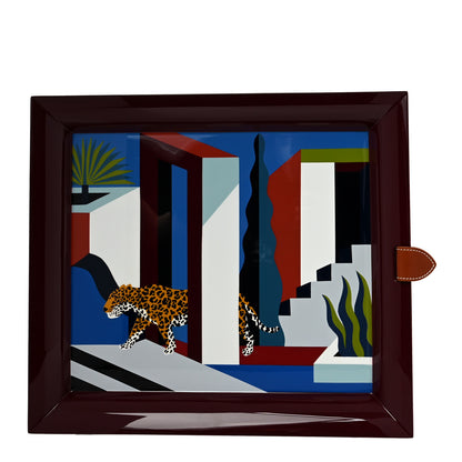 Hermes Lacquered Wood Taurillon Clemence Atrium Jaguar Dans Un Jardin Mexicain Tray Lie De Vin 1 of 5