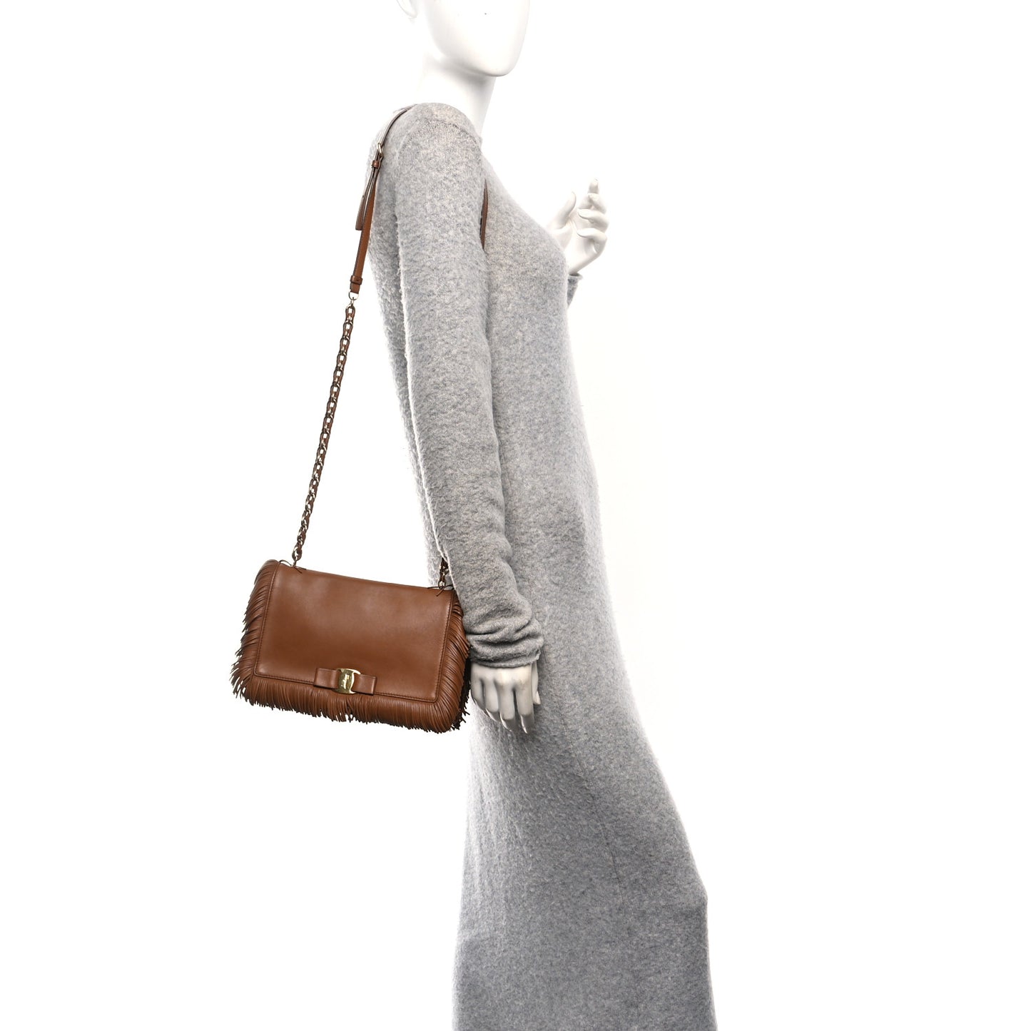 Calfskin Fringe Vera Bow Crossbody Bag Brown