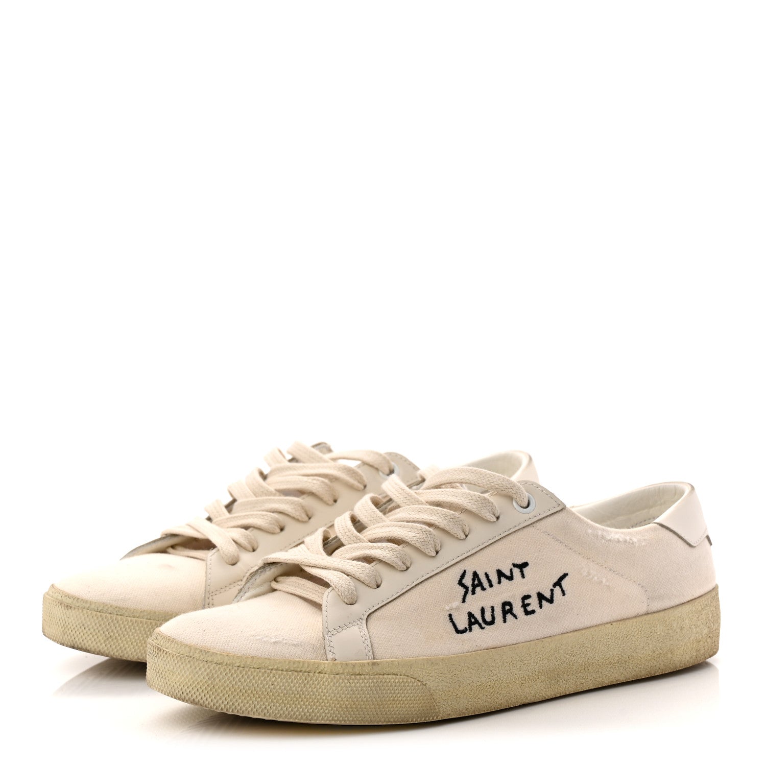 Saint Laurent Distressed Canvas Court Classic Sneakers 38.5 Panna 4 of 11