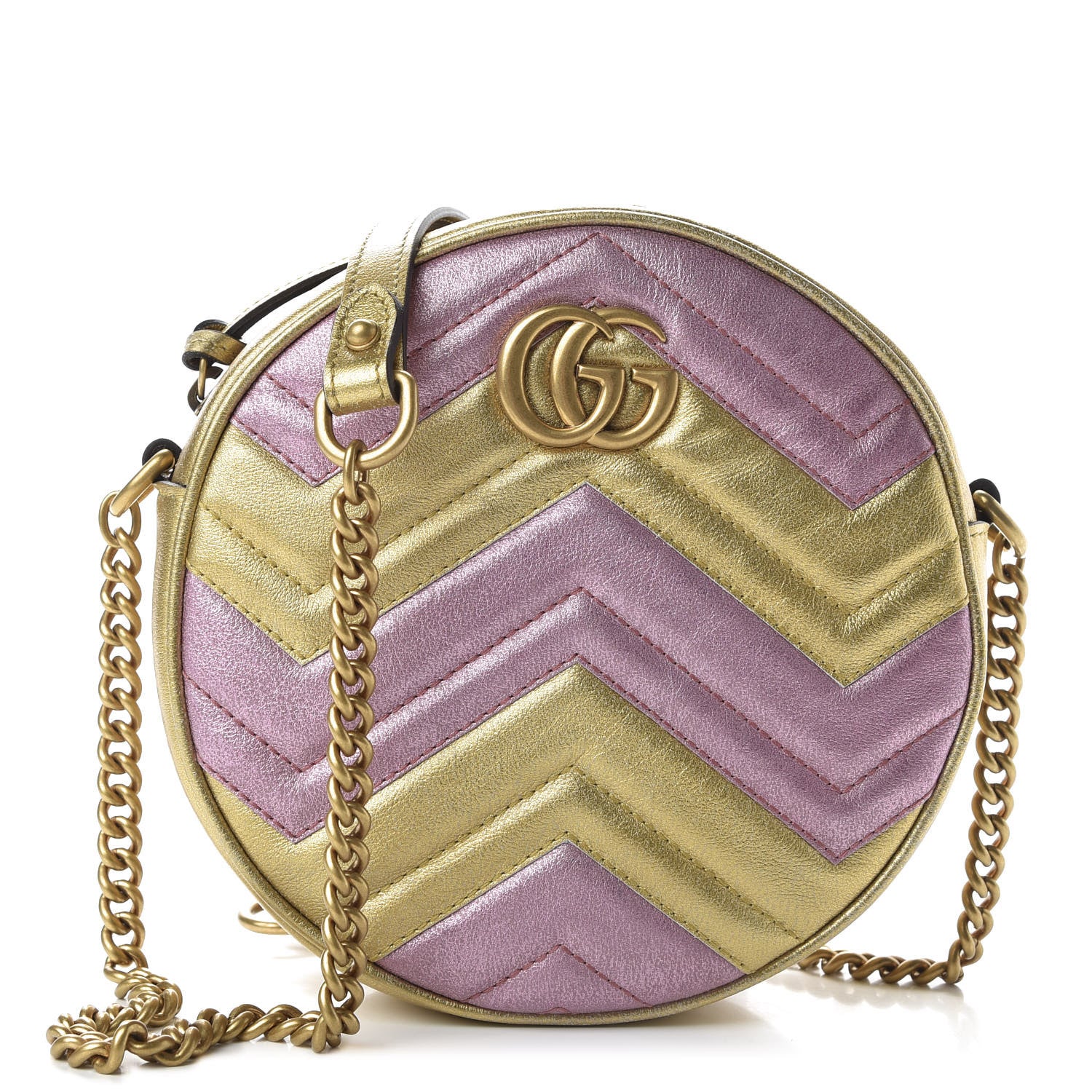 Gucci Metallic Calfskin Matelasse Mini GG Marmont Round Shoulder Bag Gold Pink 1 of 10