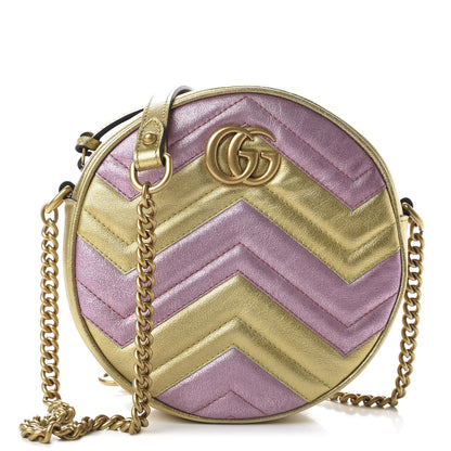 Gucci Metallic Calfskin Matelasse Mini GG Marmont Round Shoulder Bag Gold Pink 1 of 10