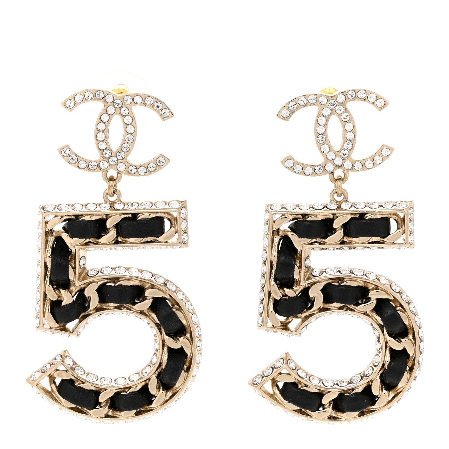 Chanel Crystal Lambskin Chain CC No 5 Drop Earrings Gold Black 1 of 5