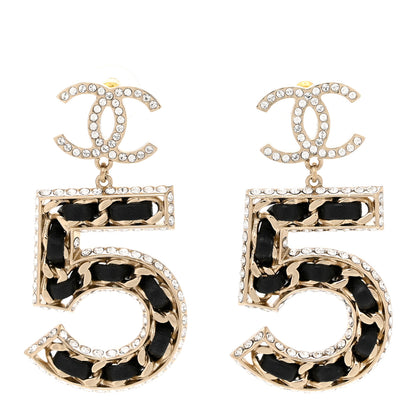 Chanel Crystal Lambskin Chain CC No 5 Drop Earrings Gold Black 1 of 5