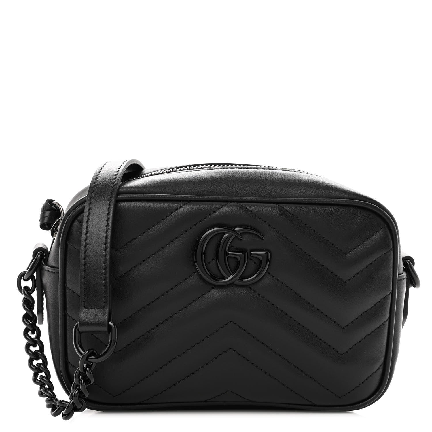 Gucci Calfskin Matelasse Monochrome Mini GG Marmont Chain Shoulder Bag Black 1 of 9