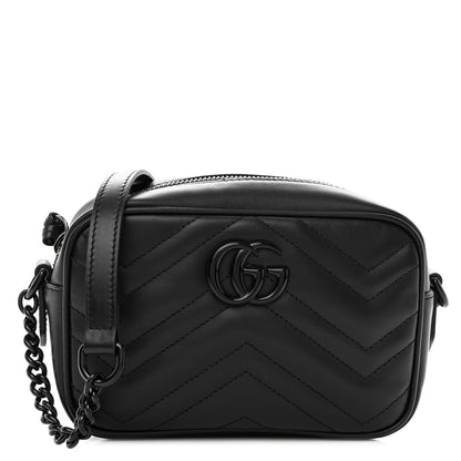Gucci Calfskin Matelasse Monochrome Mini GG Marmont Chain Shoulder Bag Black 1 of 9