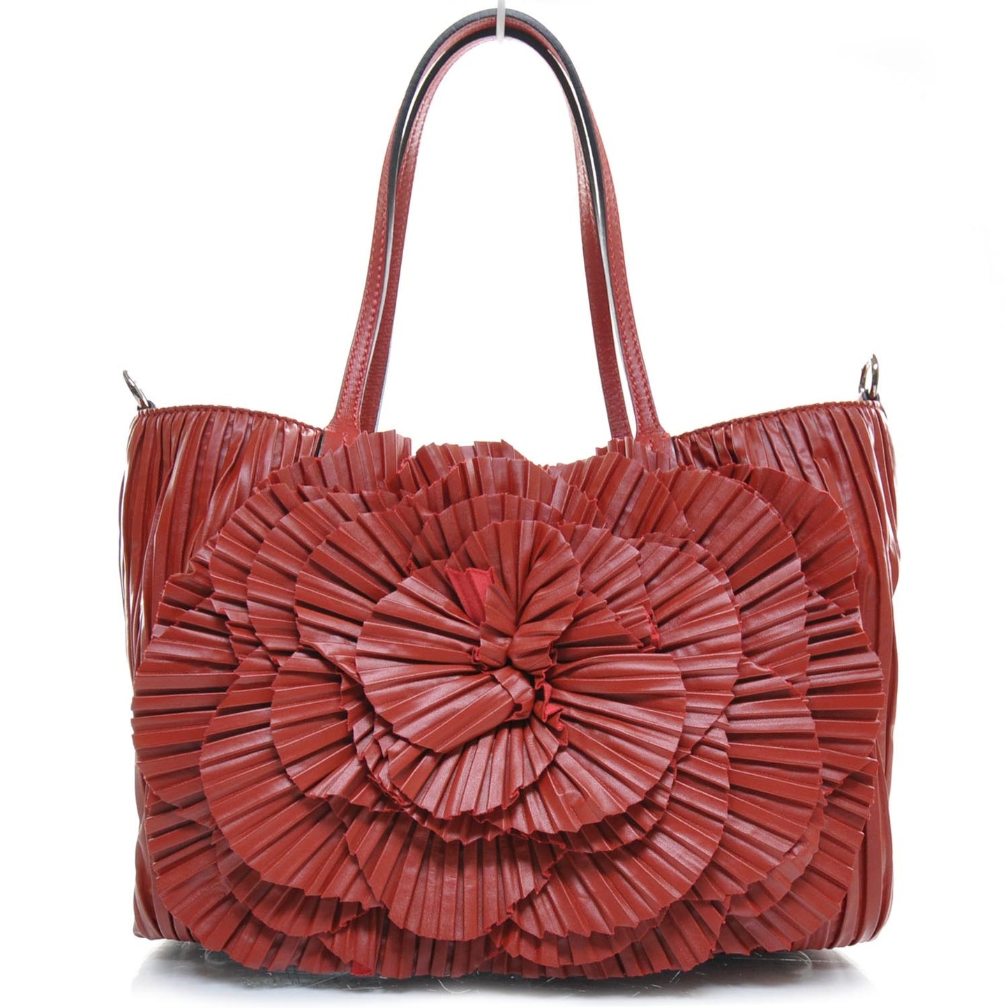 Leather Pleated Rosette Tote Red