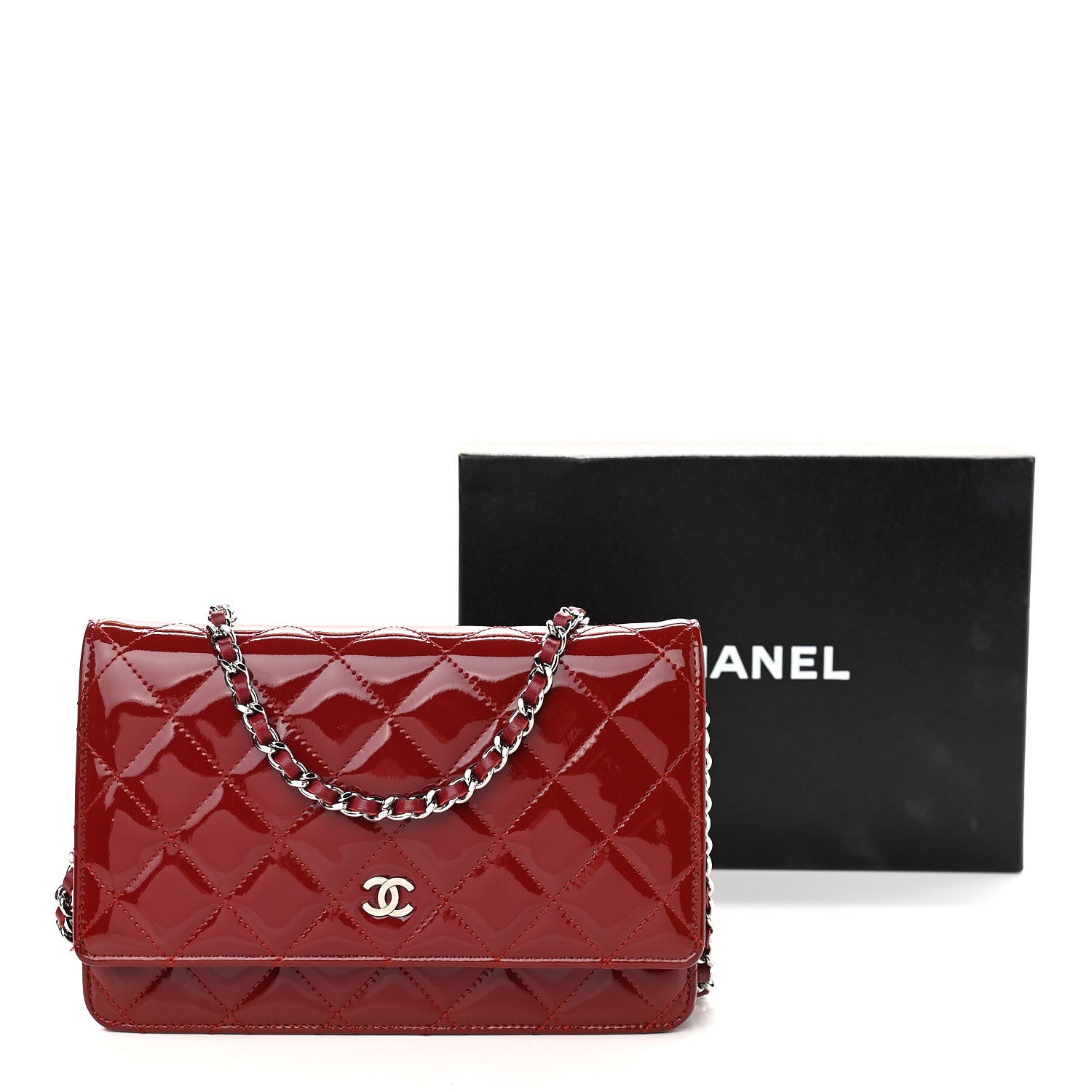 Chanel Patent Quilted Wallet On Chain WOC Red 14 of 14