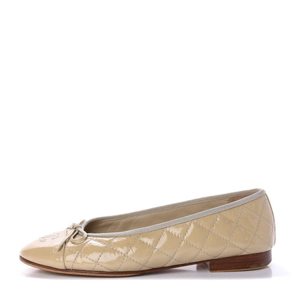 Chanel Patent Calfskin Quilted Cap Toe CC Ballerina Flats 38 Beige 1 of 9