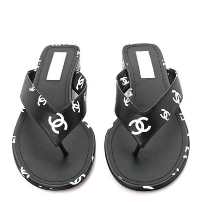 Chanel Printed Lambskin Coco Beach Thong Sandals 41 Black White 2 of 9