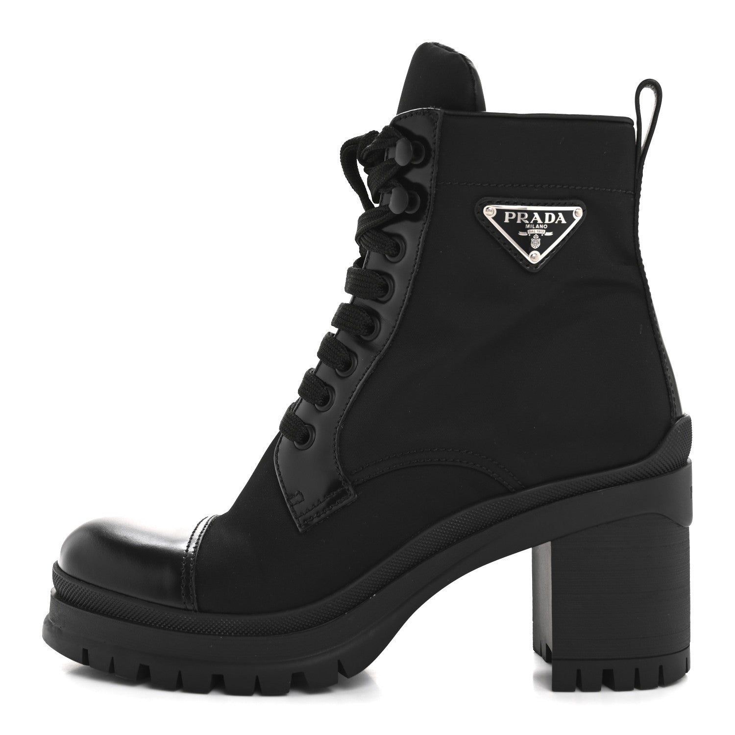 Prada Spazzolato Re-Nylon Metal Triangle Logo Lace Up 55mm Ankle Boots 37.5 Black 1 of 16