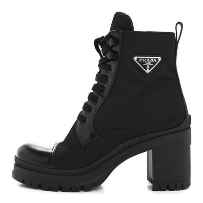 Prada Spazzolato Re-Nylon Metal Triangle Logo Lace Up 55mm Ankle Boots 37.5 Black 1 of 16