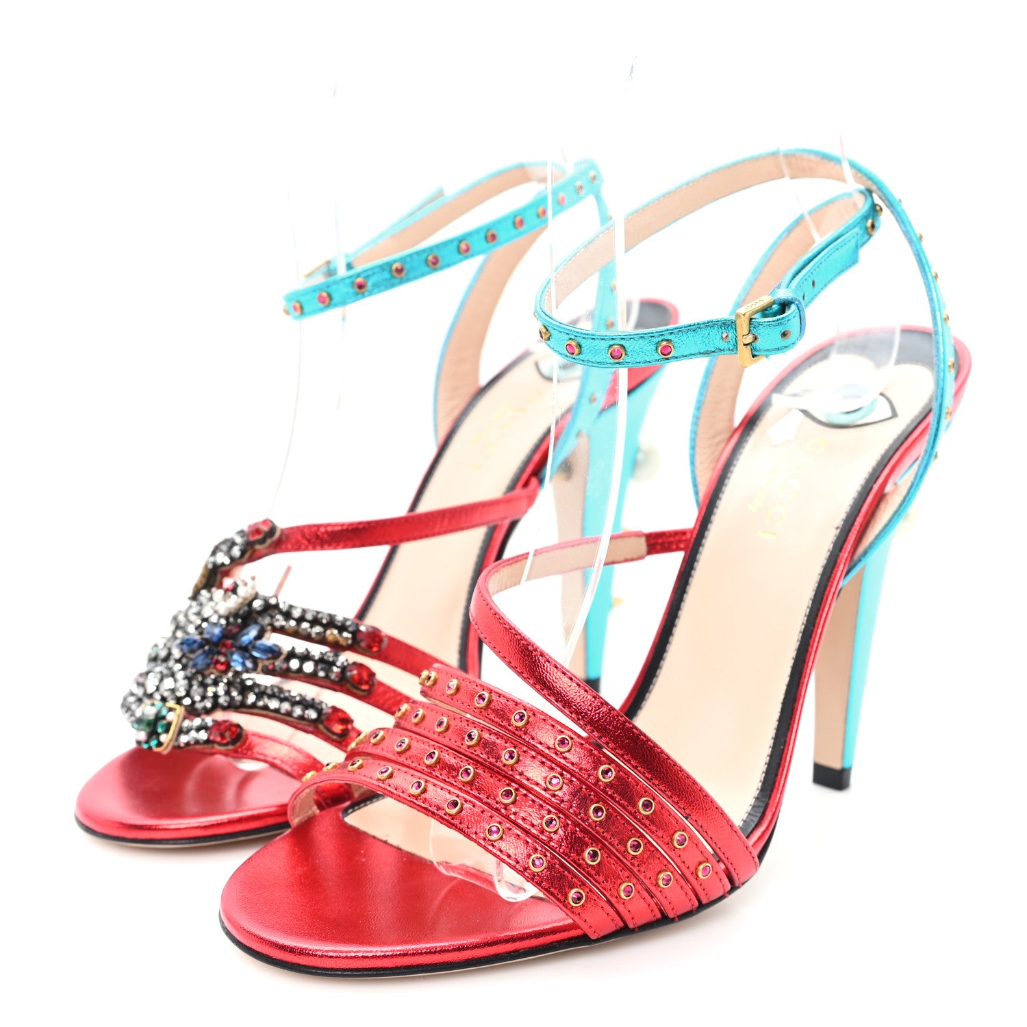 Gucci Metallic Nappa Crystal Embellished Wangy Sandals 36.5 Red Blue 3 of 8