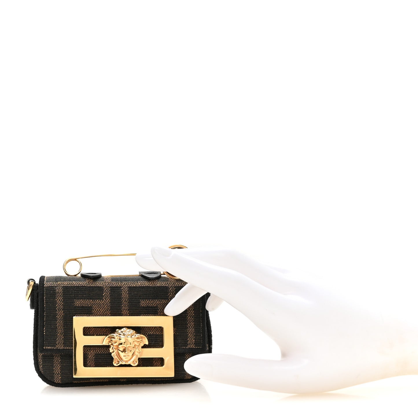 X VERSACE Fabric Jacquard Fendace FF Nano Brooch Baguette Tobacco Black