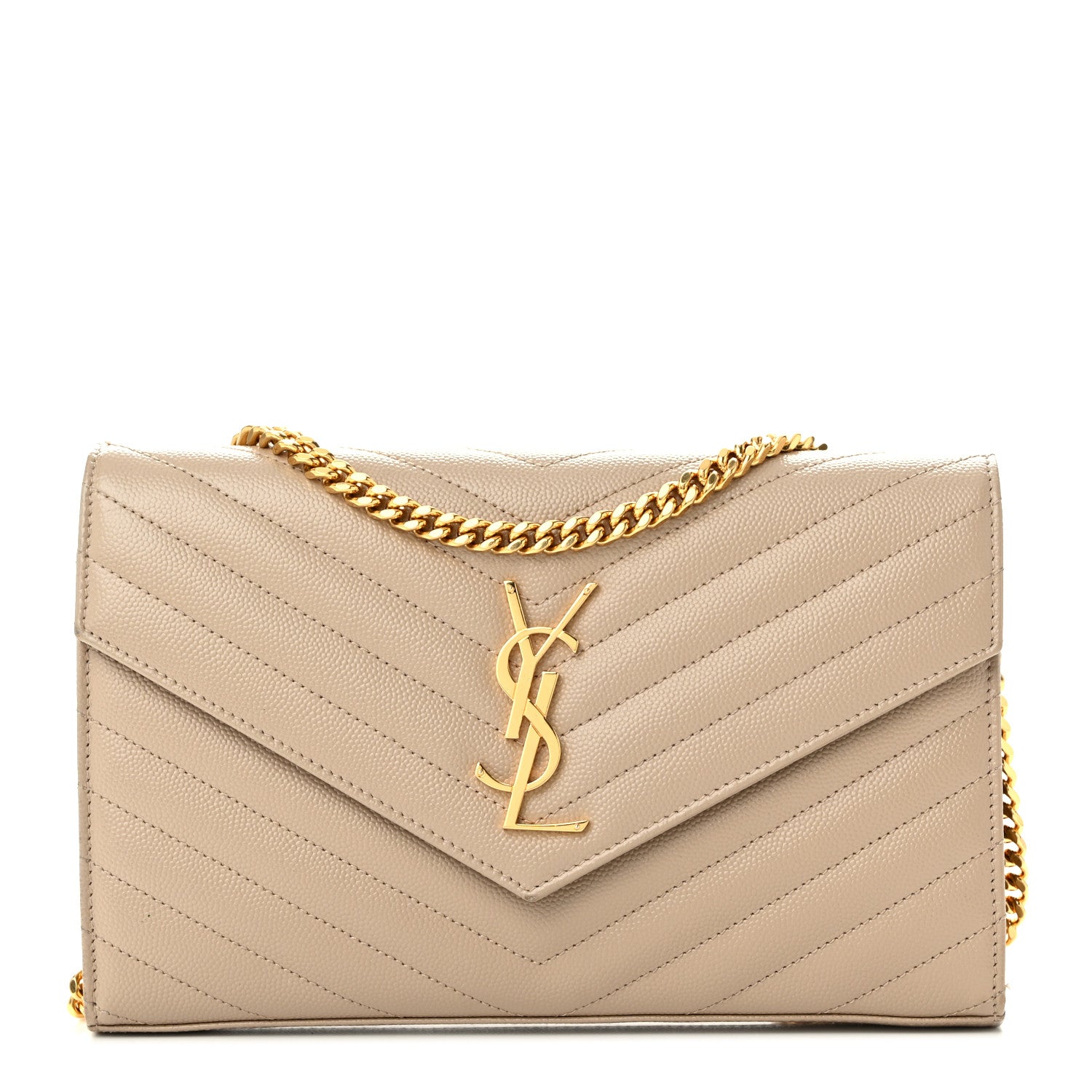 Saint Laurent Grain De Poudre Matelasse Chevron Monogram Chain Wallet Dark Beige 1 of 9