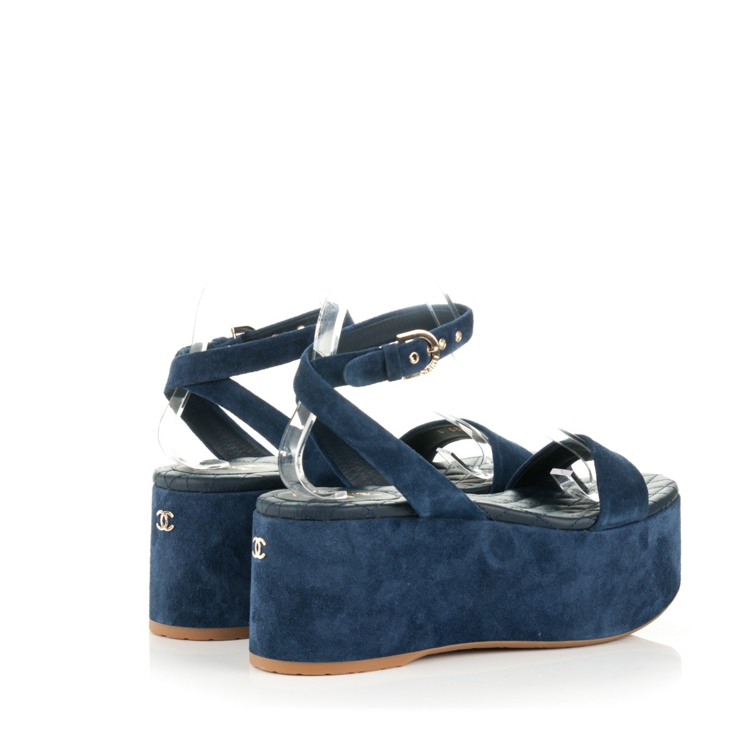 Chanel Suede Calfskin Platform Wedge Sandals 37.5 Blue 4 of 8