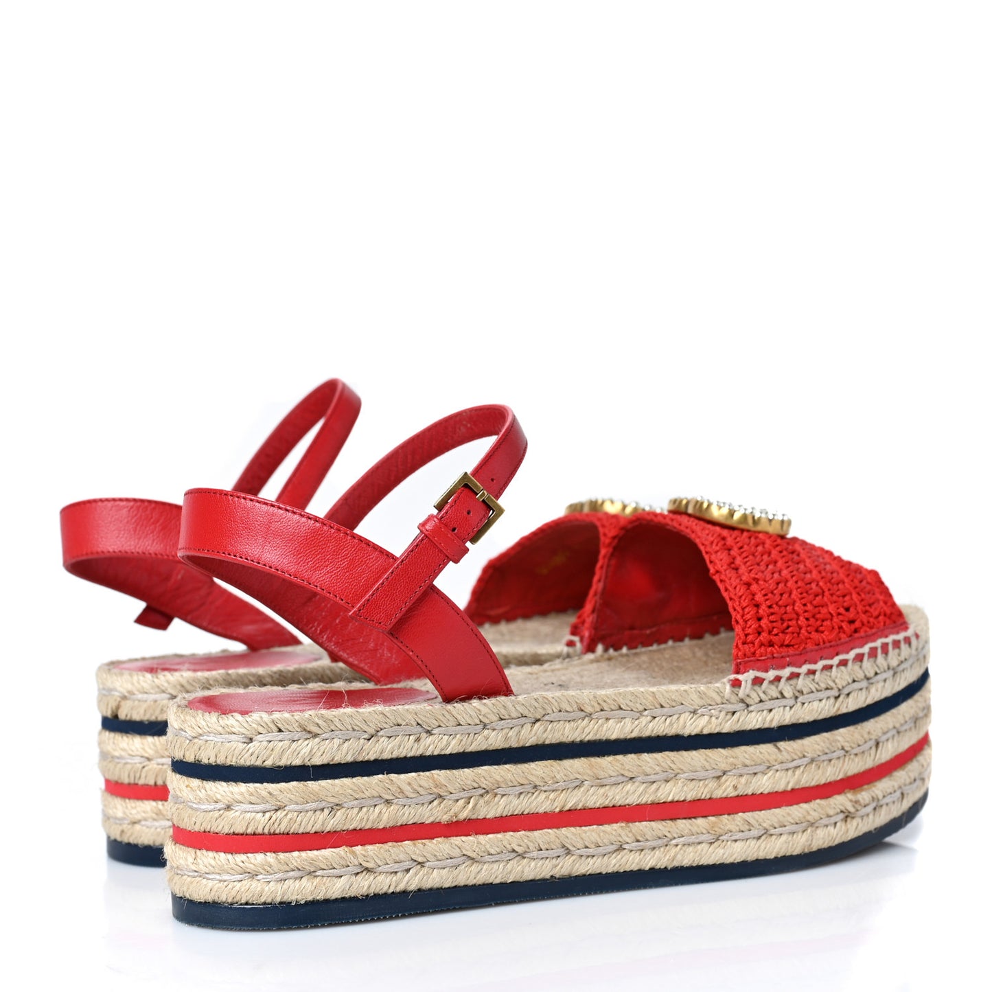 Cotton Malaga Kid Crochet Pearly GG Lilibeth Espadrille Platform Sandals 37.5 Hibiscus Red