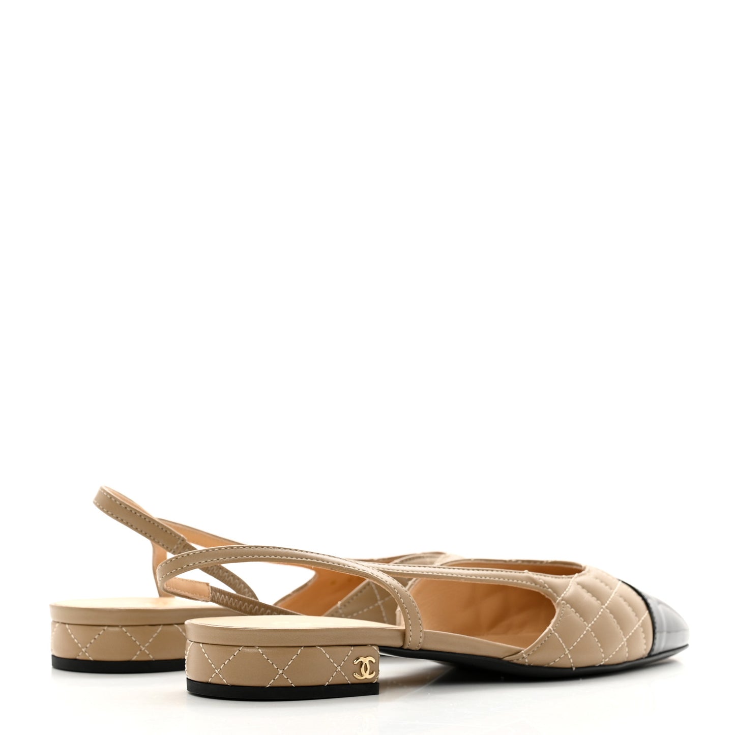 Lambskin Patent Cap Toe CC Slingback Flats 38.5 Beige Black