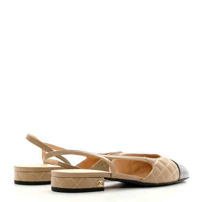 Chanel Lambskin Patent Cap Toe CC Slingback Flats 38.5 Beige Black 4 of 9