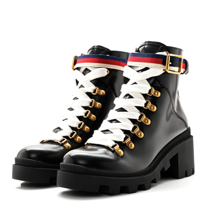 Gucci Calfskin Sylvie Web Womens Lace Up Combat Boots 36.5 Black 3 of 10