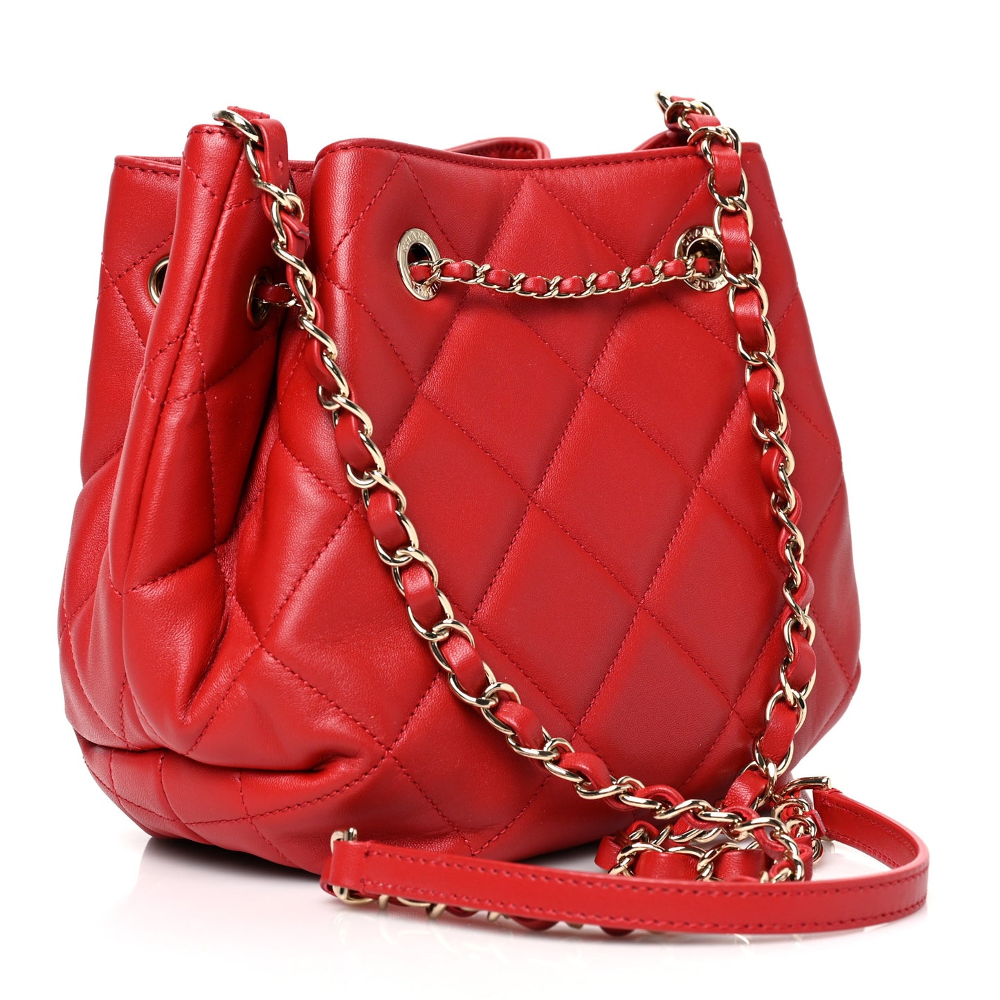 Lambskin Quilted CC Dweller Drawstring Bucket Bag Red