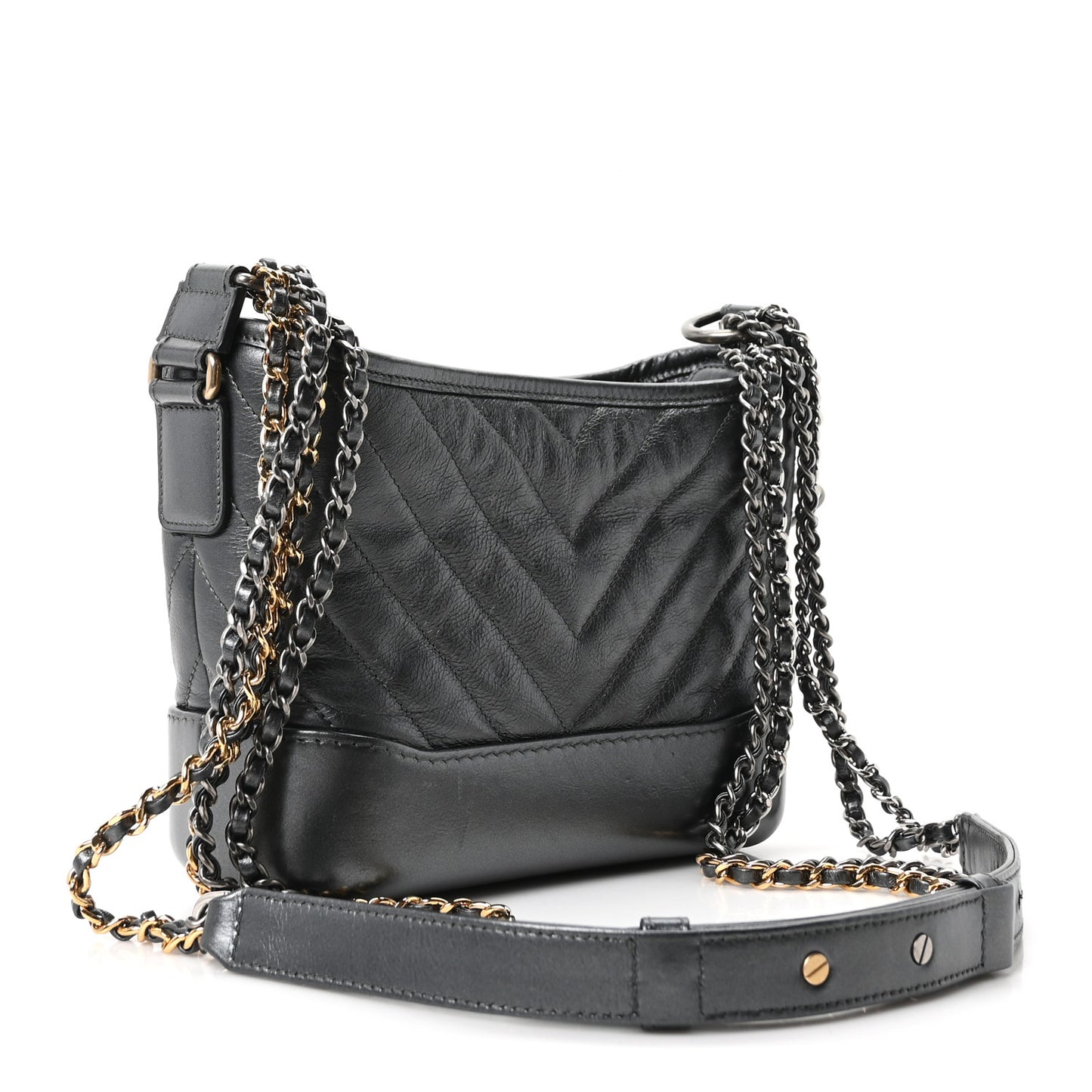 Metallic Aged Calfskin Chevron Quilted Small Gabrielle Hobo Dark Grey