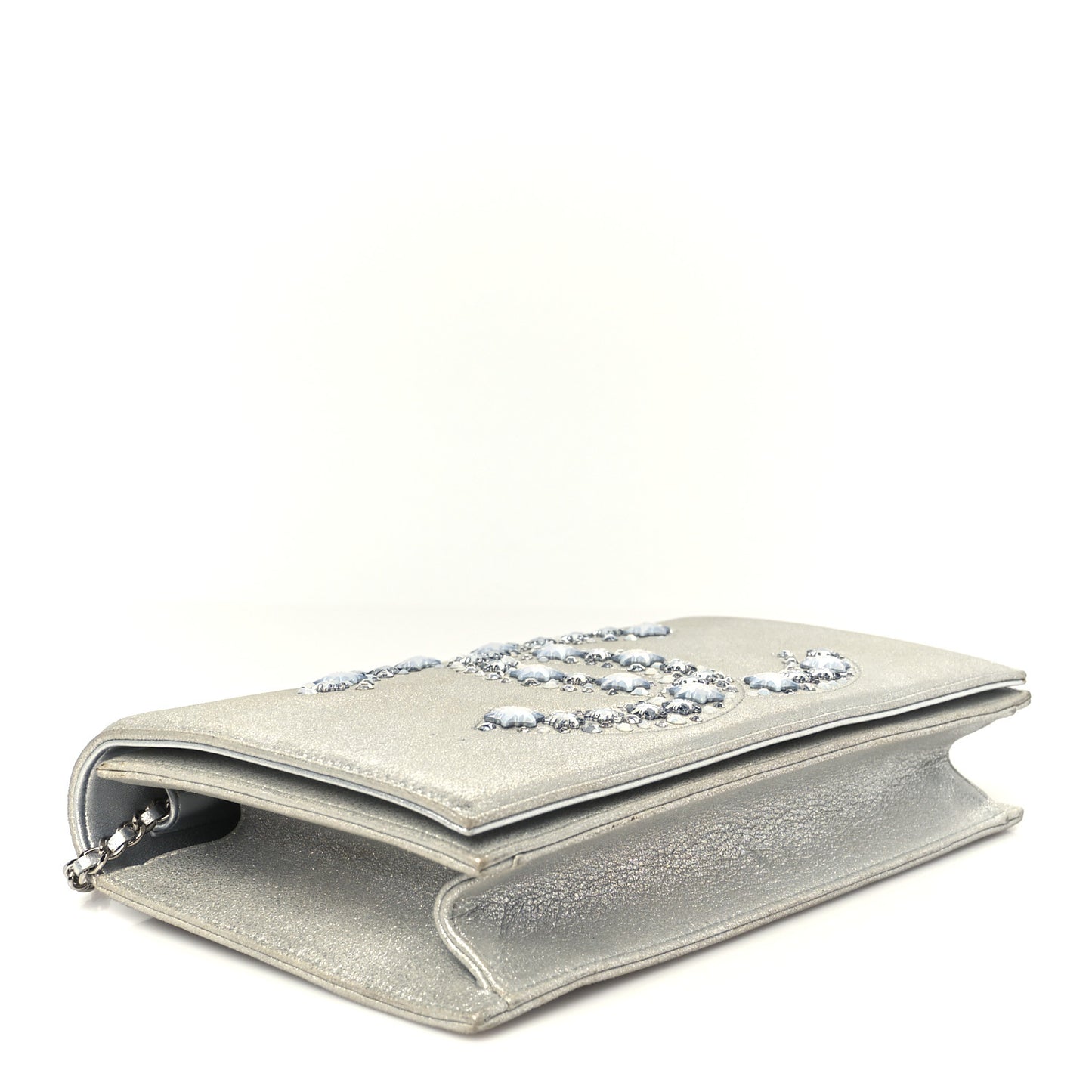 Metallic Goatskin Strass CC Clutch With Chain Silver