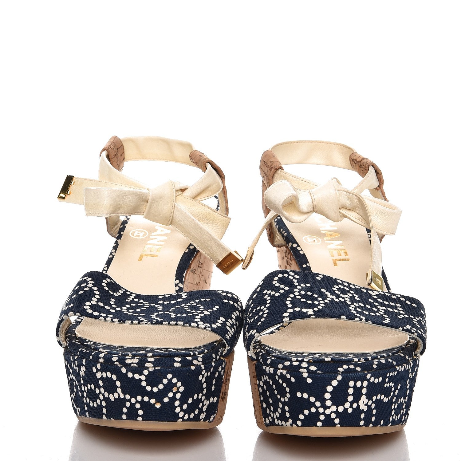 Chanel Canvas Lambskin Cork CC Wedge Sandals 38 Navy Blue 2 of 9
