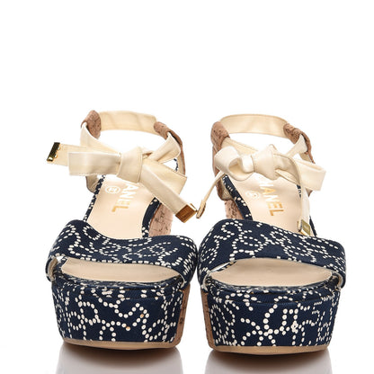 Chanel Canvas Lambskin Cork CC Wedge Sandals 38 Navy Blue 2 of 9