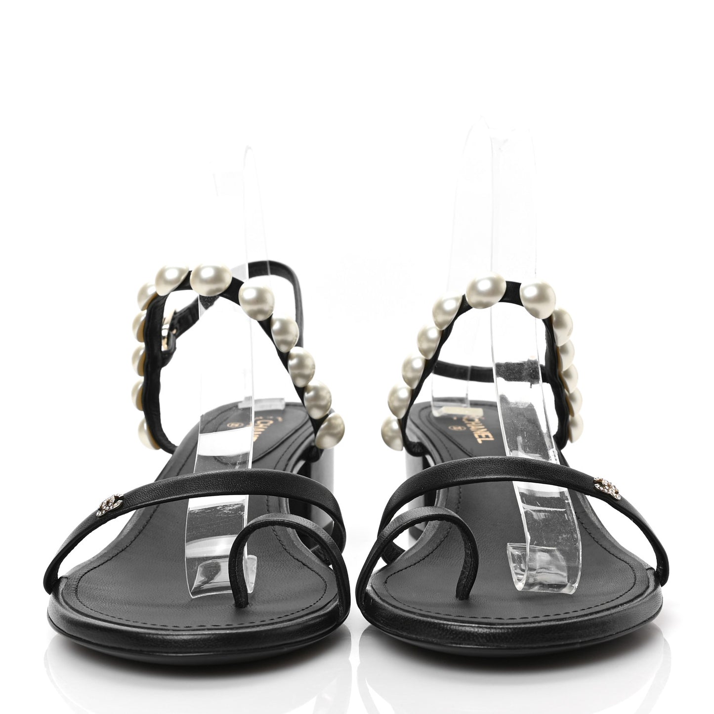 Lambskin Pearl Toe Ring Slingback Sandals 40 Black