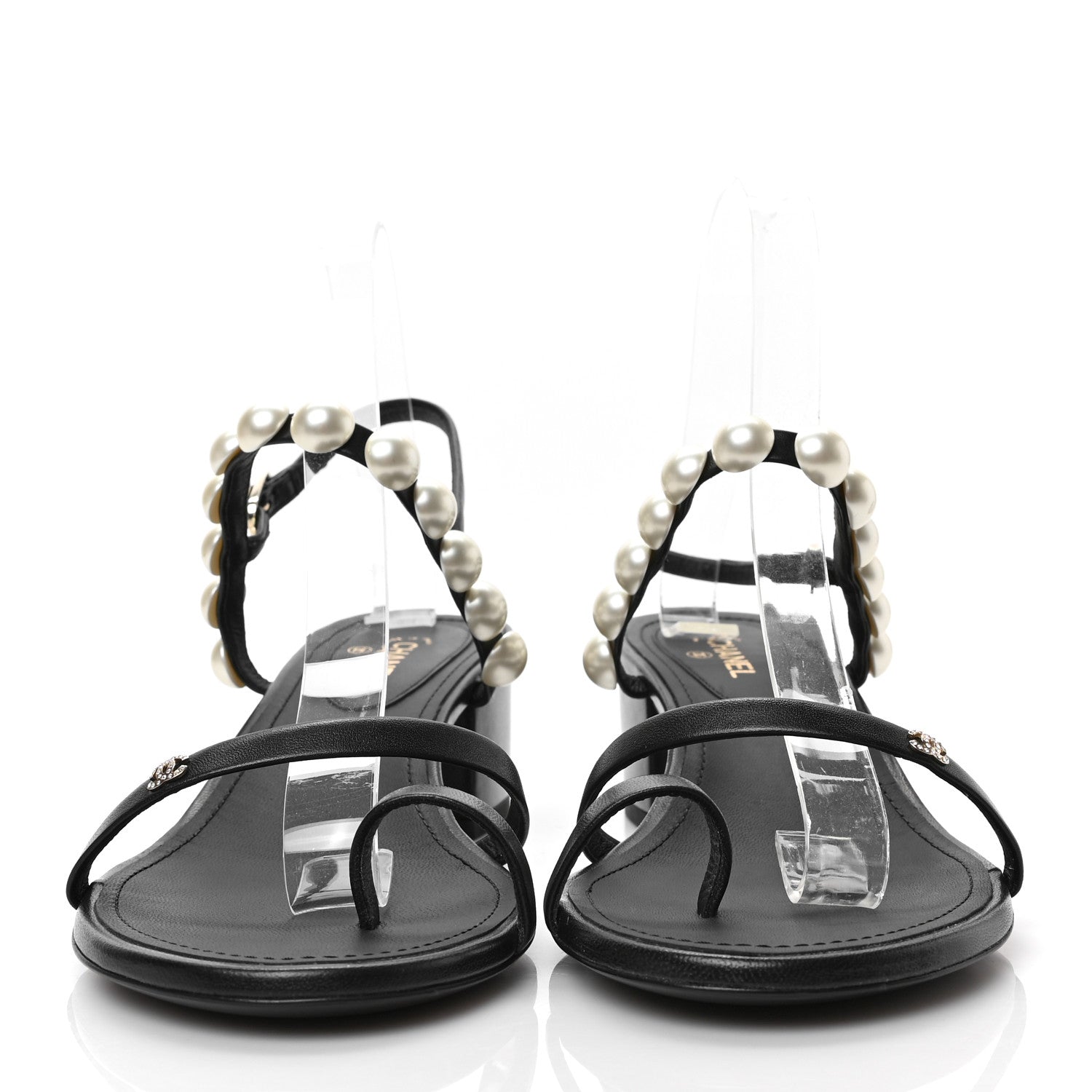 Chanel Lambskin Pearl Toe Ring Slingback Sandals 40 Black 2 of 7