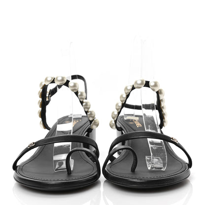 Chanel Lambskin Pearl Toe Ring Slingback Sandals 40 Black 2 of 7
