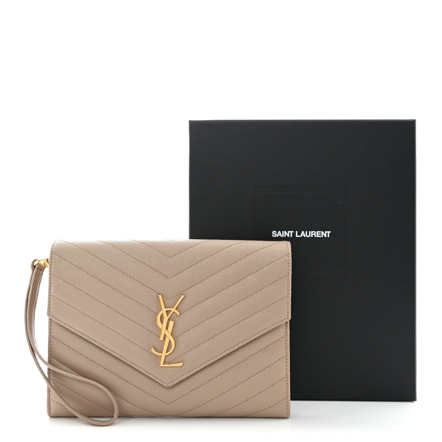 Saint Laurent Grain De Poudre Matelasse Chevron Monogram Envelope Clutch Dark Beige 12 of 12