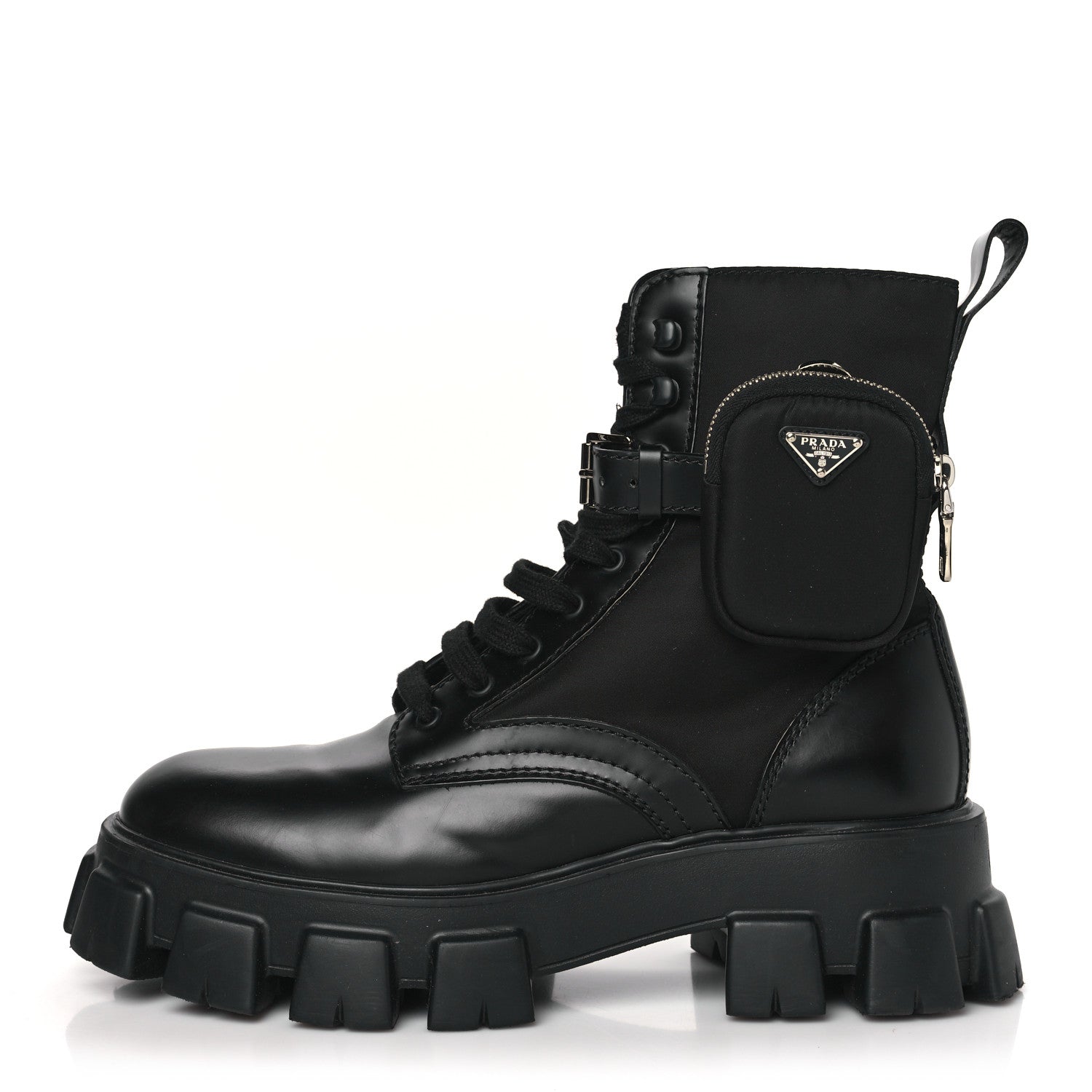 Prada Spazzolato Rois Re-Nylon Metal Triangle Logo Mens Monolith Pouch Pocket 60mm Combat Boots 10 Black 1 of 8