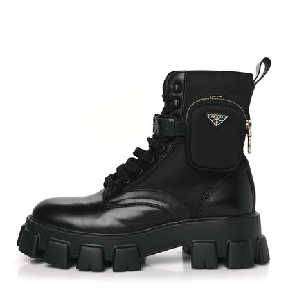 Prada Spazzolato Rois Re-Nylon Metal Triangle Logo Mens Monolith Pouch Pocket 60mm Combat Boots 10 Black 1 of 8