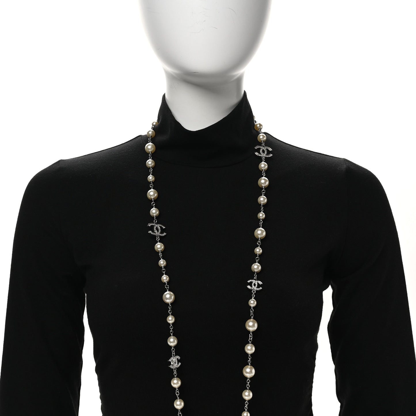 Graduated Pearl Crystal CC Long Necklace Silver